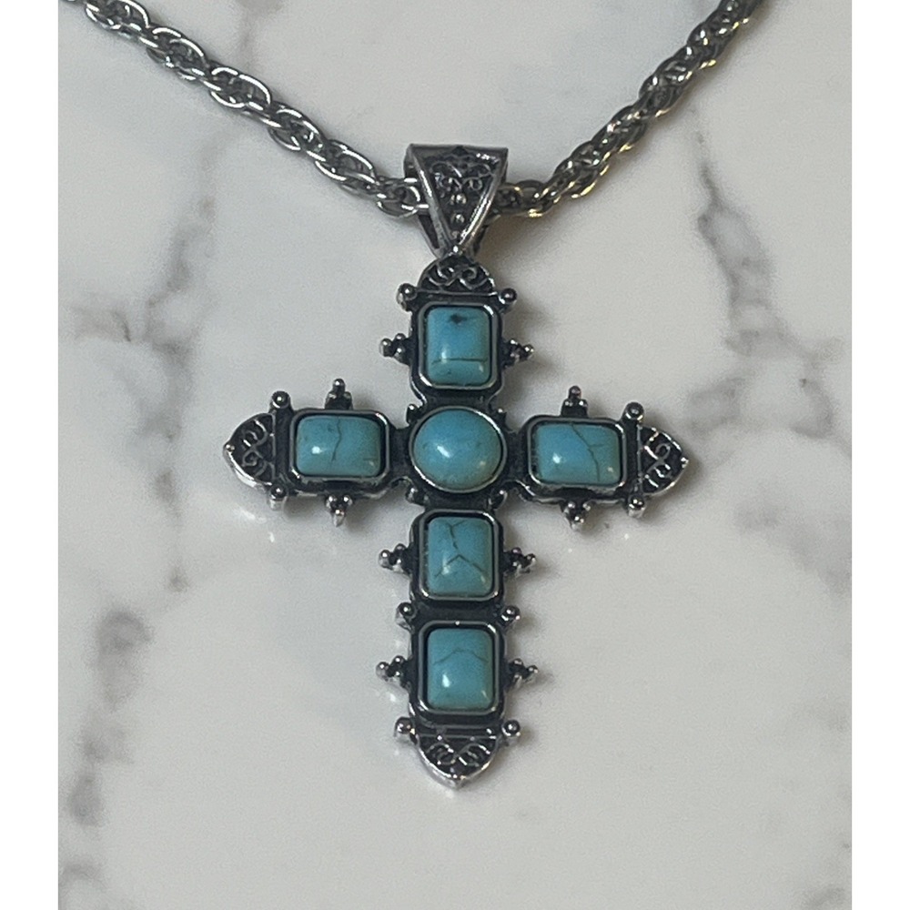 Vintage Large Silver Tone Turquoise Cabochon Cross Pendant Chain Necklace Estate